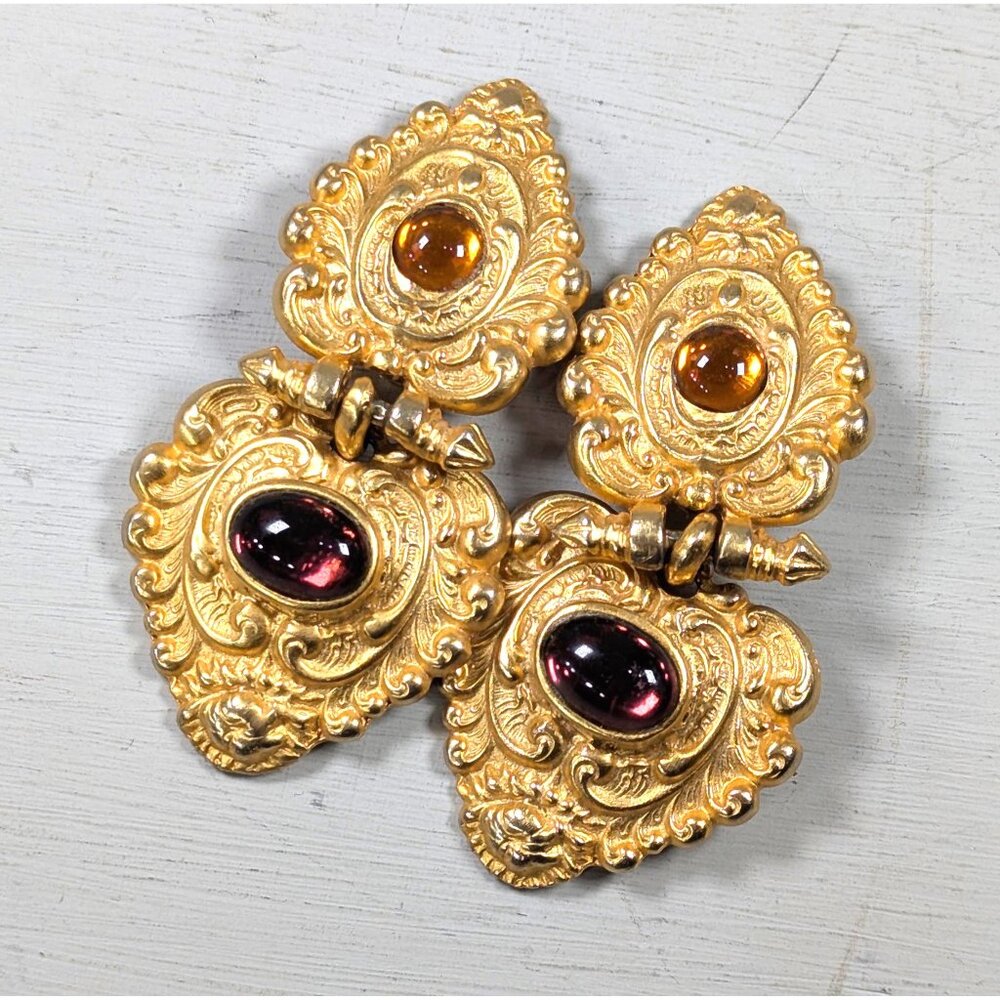 Massive Gold Tone Signed Clara Studio Inc chunky door knocker clip earrings,